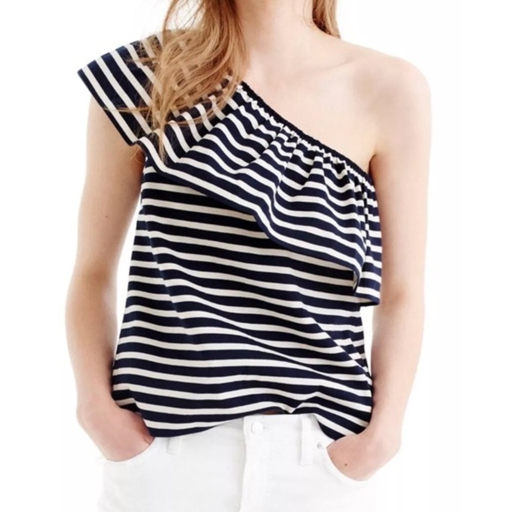 J. Crew ruffled one shoulder top in navy blue and white stripe NWT